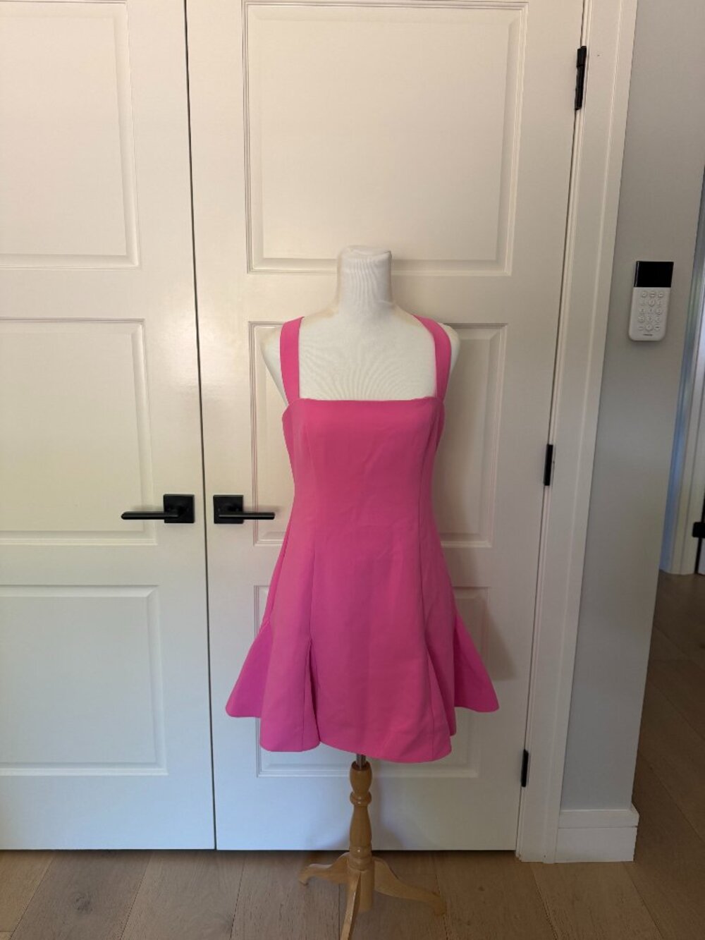 **Stassi Crisscrossed Minidress Hot Pink Fit & Flare Square Neck Sleeveless Wome